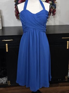 Bill Levkoff Royal Blue Halter Chiffon Midi Dress, Sz 10- Fits Like A Sz 6